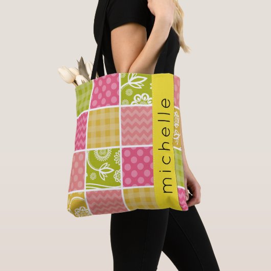 Patchwork, zigzag, Polka Dots, Gingham, Jouw naam Tote Bag (Dichtbij)