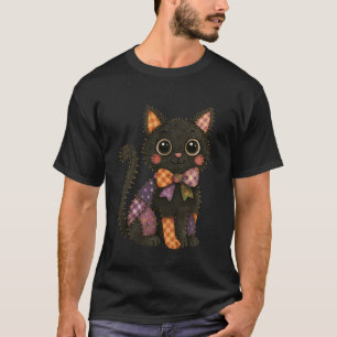 Patchwork Zwarte Kat Herfst Gezellig Seizoen Patch T-shirt