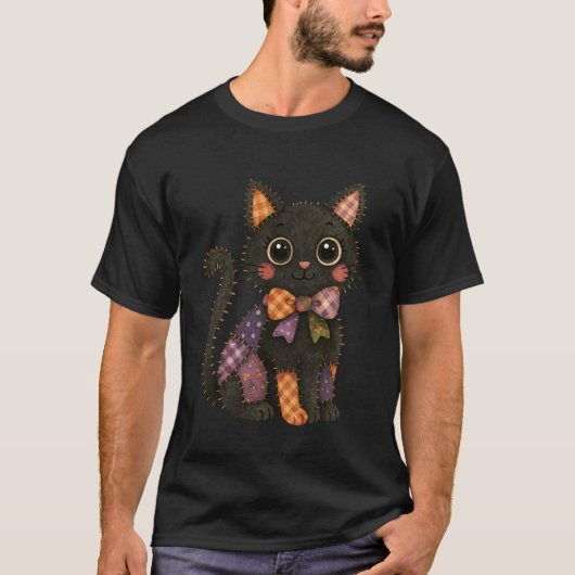 Patchwork Zwarte Kat Herfst Gezellig Seizoen Patch T-shirt (Voorkant)