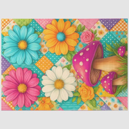 Patchworktuin – Whimsical bloemen & Paddenstoelen Tissuepapier (Voorkant)