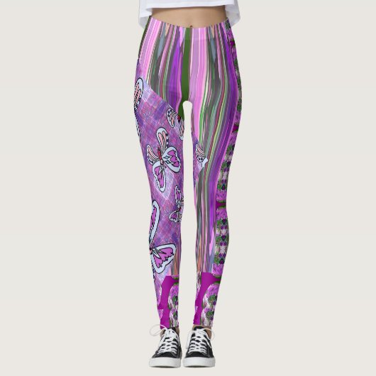 Patchy Stripes Pink Green Leggings (Voorkant)