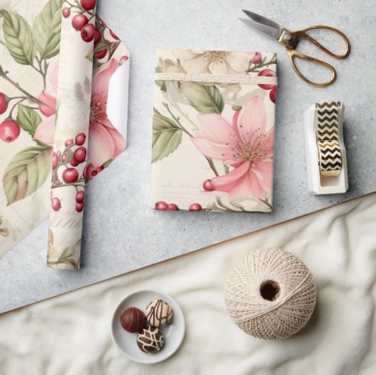 Patel Rood Groen Roze Poinsettia Kerstmis Cadeaupapier (Crafts)