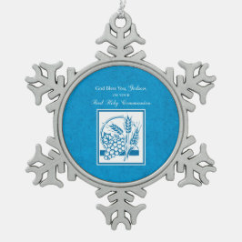 Paten Eerste Communie, Tarwe, Druiven Blauw Tin Sneeuwvlok Ornament