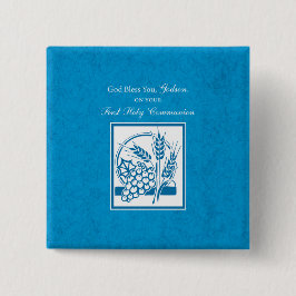 Paten Eerste Communie, Tarwe, Druiven Blauw Vierkante Button 5,1 Cm