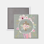 Paten - Gepersonaliseerd bloemenkruis Saliegroen Magneet (Voorkant / Achterkant)