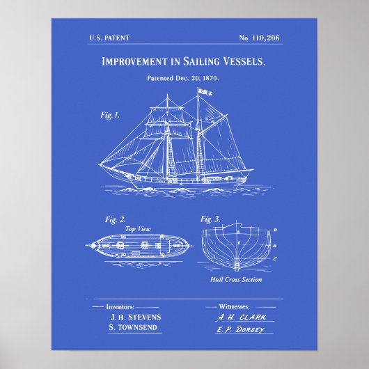 Patent Sailing Vessel Blueprint Poster (Voorkant)