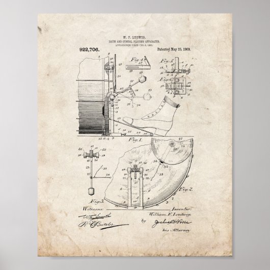 Patent voor trommel- en cymbal-spelapparaten - oud poster (Voorkant)