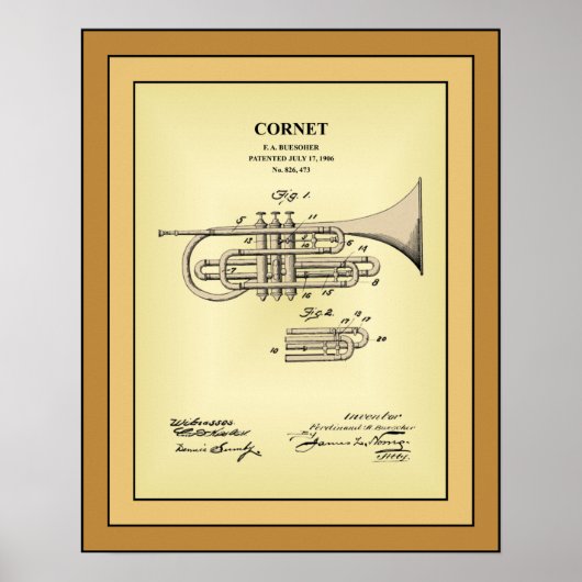Patenttekening ~ F.A. Buesoher ~ Cornet ~ Poster (Voorkant)