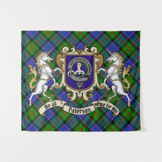 Paterson Clan Badge & Unicorns met Tartan Wandkleed (Voorkant (horizontaal))