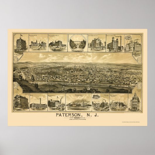 Paterson, NJ Panoramic Map - 1880 Poster (Voorkant)