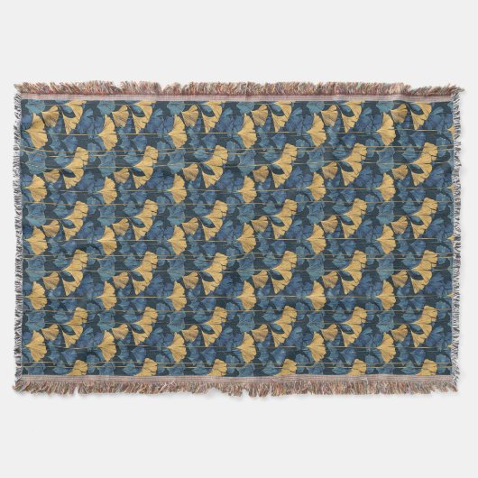 Patina Blauw en Goud Ginkgo Blad  Deken (Voorkant)