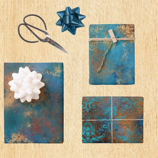 Patina Copper Turquoise Floral Distressed Inpakpapier Vel