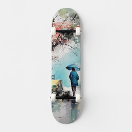 Patineta con Mujer Bajo la Lluvia en Arte Acuarela Persoonlijk Skateboard