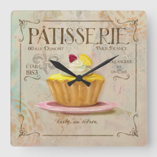 Patisserie Lemon Tart-klok Vierkante Klok (Voorkant)