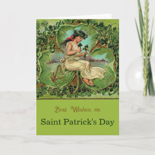 Patricia's Dag Vintage Meisje met Shamrocks  Kaart