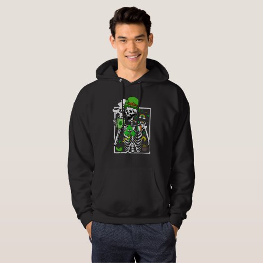 Patrick's Day Skeleton Shamrock Skull Drinking Cof Hoodie (Voorkant volledig)