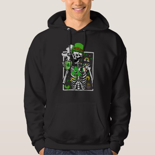 Patrick's Day Skeleton Shamrock Skull Drinking Cof Hoodie (Voorkant)