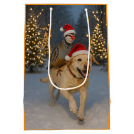Patrijs die op gele labrador kerstkaart rijdt medium cadeauzakje