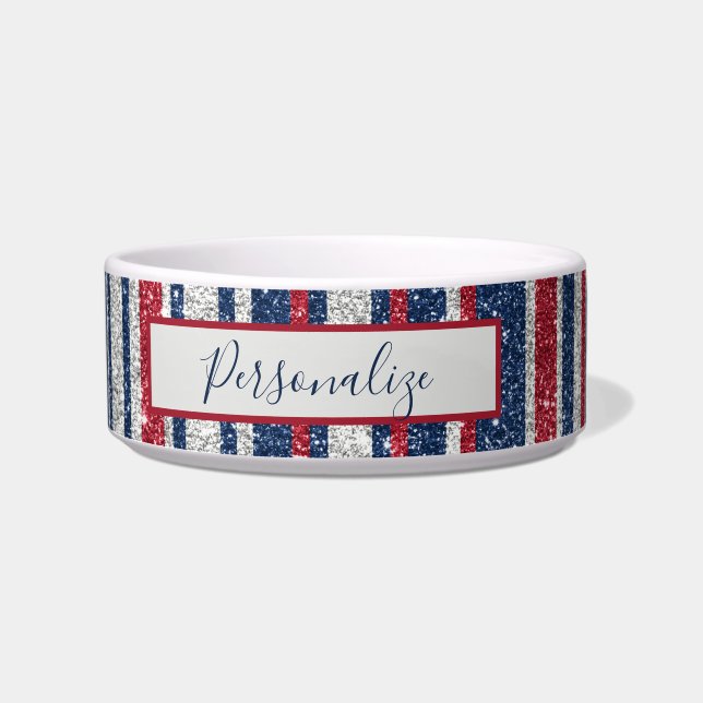 Patriot Red White Blue Glitter Glam Stripes Bowl Voerbakje (Voorkant)