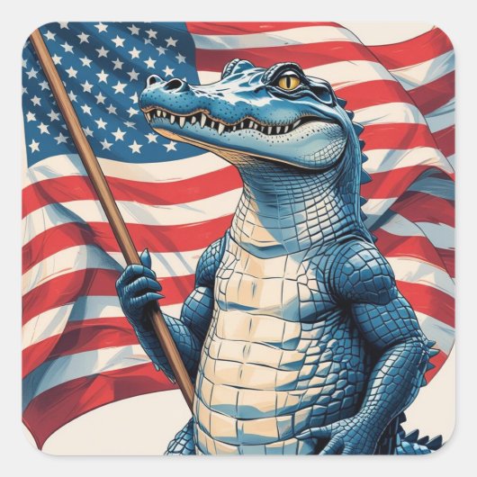 Patriotic Alligator holding the American Flag Vierkante Sticker (Voorkant)