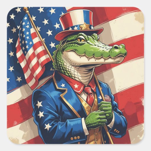Patriotic Alligator holding the American Flag Vierkante Sticker (Voorkant)