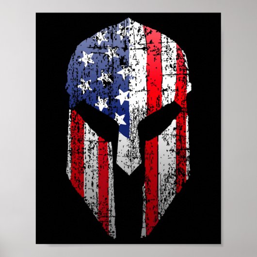 Patriotic American Spartan Warrior Usa Flag Helmet Poster (Voorkant)