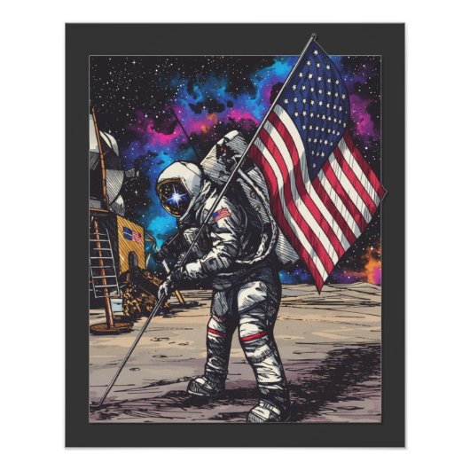 Patriotic Astronaut With American Flag Foto Afdruk (Voorkant)