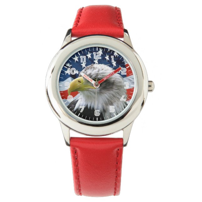 Patriotic Bald Eagle American Flag Watch Horloge (Voorkant)
