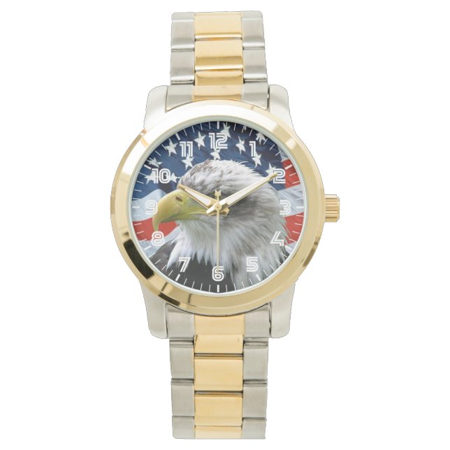 Patriotic Bald Eagle American Flag Watch Horloge (Voorkant)