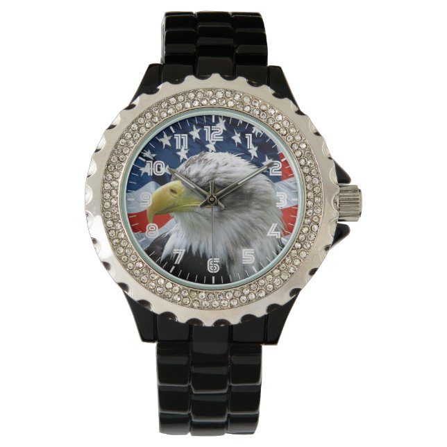 Patriotic Bald Eagle American Flag Watch Horloge (Voorkant)