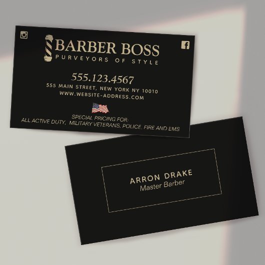 Patriotic Barber Shop Zwart en Goud Visitekaartje