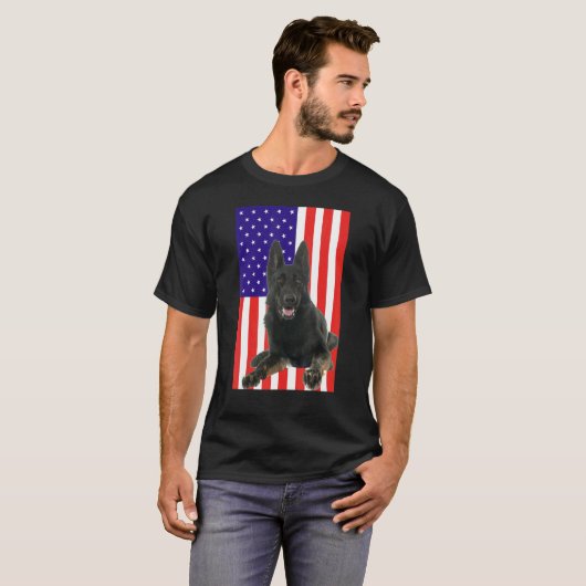 Patriotic Black German Shepherd American Flag T-shirt (Voorkant volledig)
