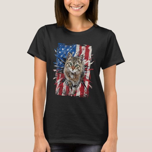 Patriotic Brown Cat Torn American Flag 4th Of July T-shirt (Voorkant)