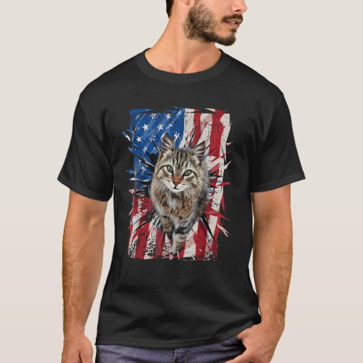 Patriotic Brown Cat Torn American Flag 4th Of July T-shirt (Voorkant)