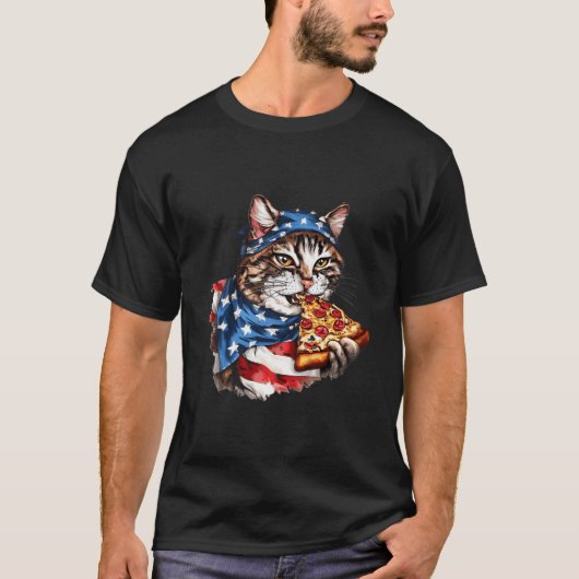 Patriotic Cat Eats Pizza 4Th Of July American Flag T-shirt (Voorkant)