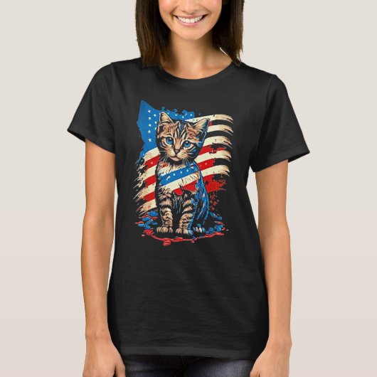 Patriotic Cat USA Flag For Man Woman T-shirt (Voorkant)