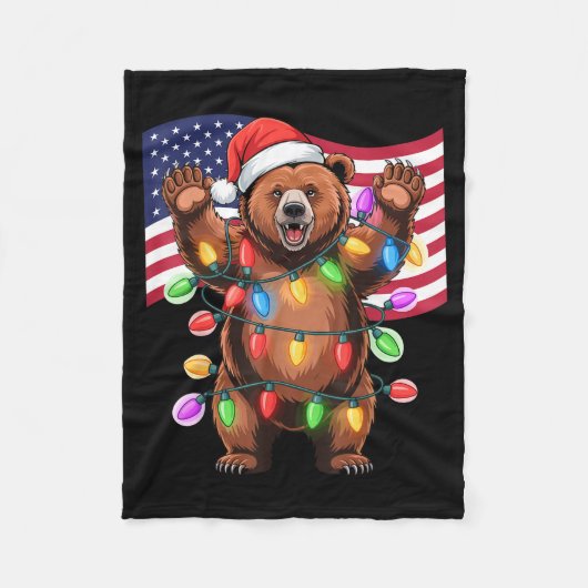 Patriotic Christmas Grizzly Bear Holiday Light San Fleece Deken (Voorkant)