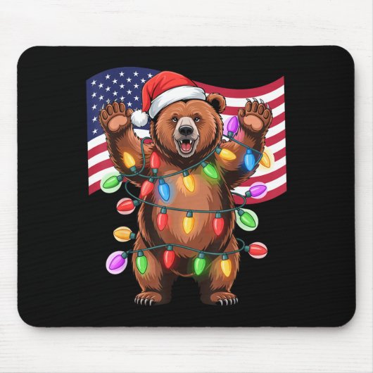 Patriotic Christmas Grizzly Bear Holiday Light San Muismat (Voorkant)
