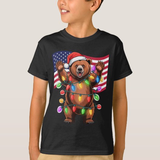Patriotic Christmas Grizzly Bear Holiday Light San T-shirt (Voorkant)
