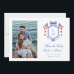 Patriotic Crest w/ US Flags | Monogram Save The Date<br><div class="desc">The patriotic watercolor monogram crest gives this save the date a festive and timeless look that any sophisticated bride will love. Personalize this announcement with your initials inside the crest at the top. Colors include, Red, white and blue, text is in blue. If you have any questions or need help...</div>