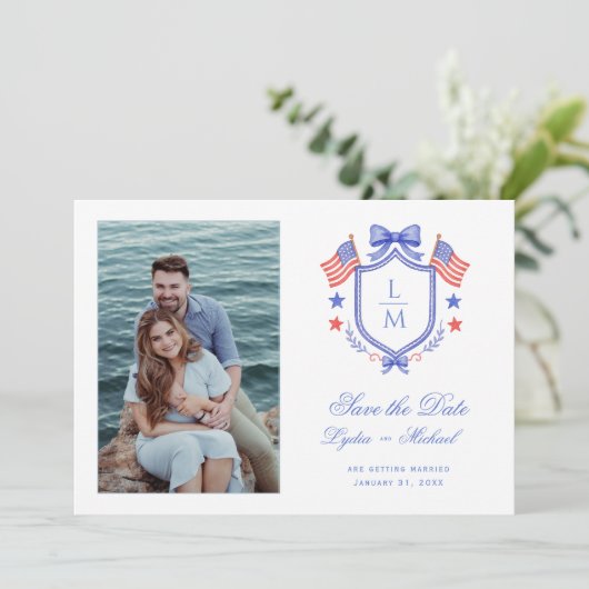Patriotic Crest w/ US Flags | Monogram Save The Date (Staand voorkant)