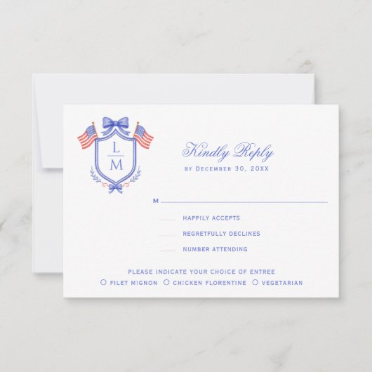 Patriotic Crest with Flags| Monogram Wedding RSVP Kaartje (Voorkant)