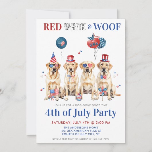 Patriotic Dogs Party Rood Wit & Woof 4th of July ( Kaart (Voorkant)