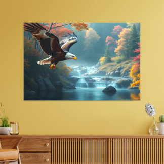 Patriotic Eagle Flying Over Waterfalls In Autumn Canvas Afdruk