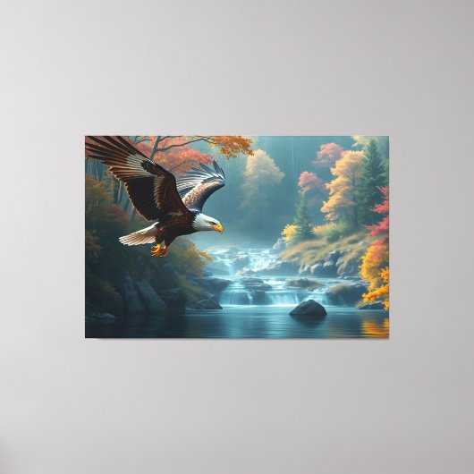 Patriotic Eagle Flying Over Waterfalls In Autumn Canvas Afdruk (Voorkant)