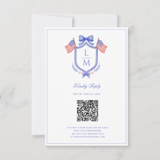 Patriotic Flag Crest | Monogram Wedding | QR RSVP Kaartje (Voorkant)