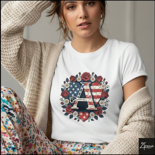 Patriotic Floral Letter A Wreath Design T-shirt