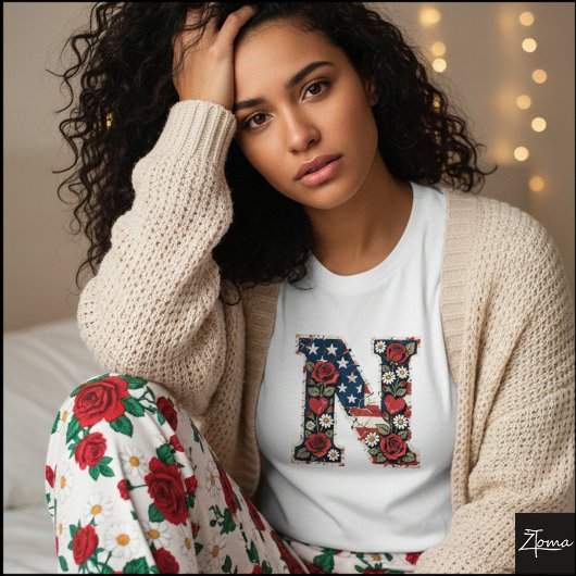 Patriotic Floral Letter N Wreath Design T-shirt