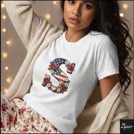 Patriotic Floral Letter S Wreath Design T-shirt