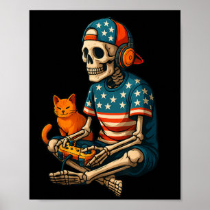 Patriotic Gamer Skeleton Gaming Videogames Cat Bo Poster